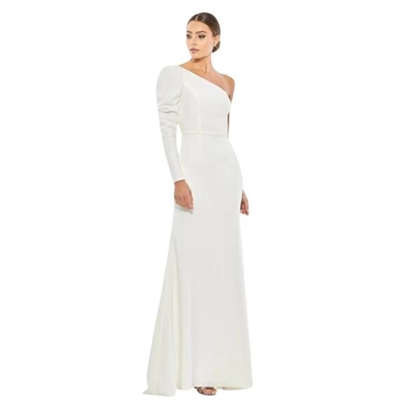 MAC DUGGAL Dress Size 2 Evening Gown One Shoulder White NEW Puff Sleeve Flaw - Picture 1 of 11